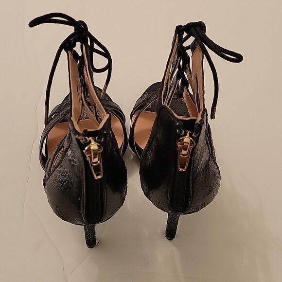 WILD DIVA LOUNGS GIVE ME  FEVER BLACK SNAKESKIN LACE-UP HEELS SANDAL - Picture 7 of 13